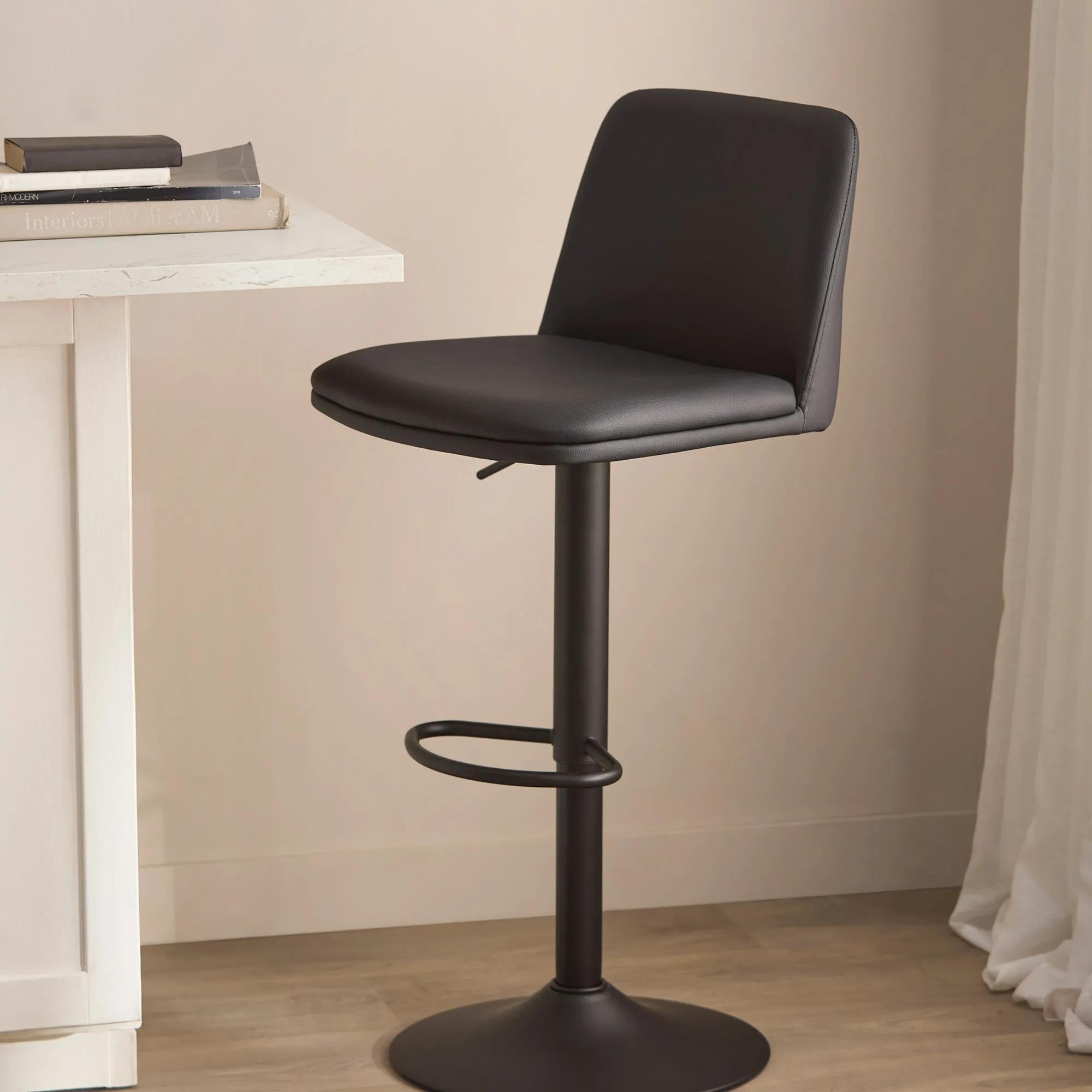 Black Faux Leather and Metal Bar Stool